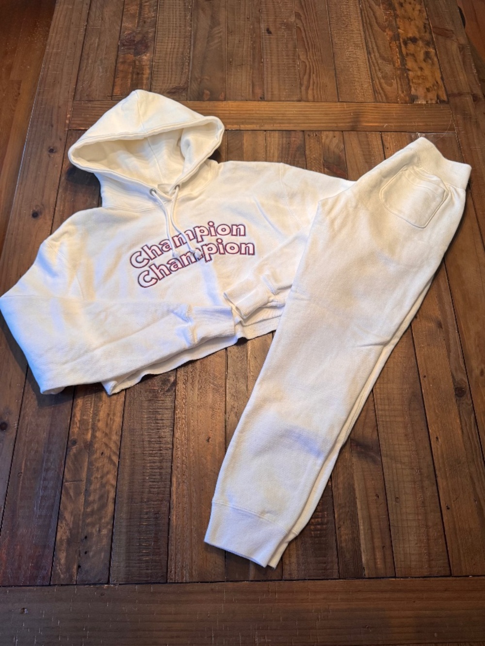 Champion Reverse Weave 3C Outfit Crop Hoodie, Joggers Small Chalk Cream Color